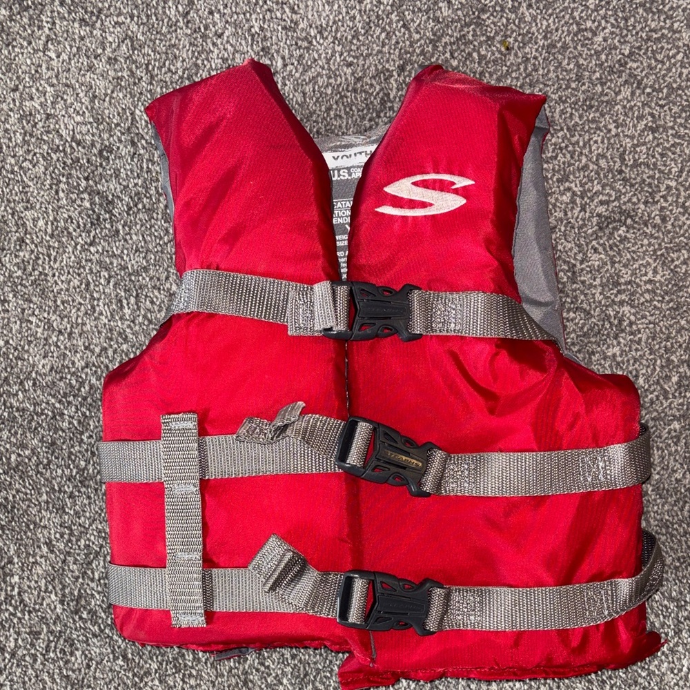 Red Youth Life Jacket with Gray Straps